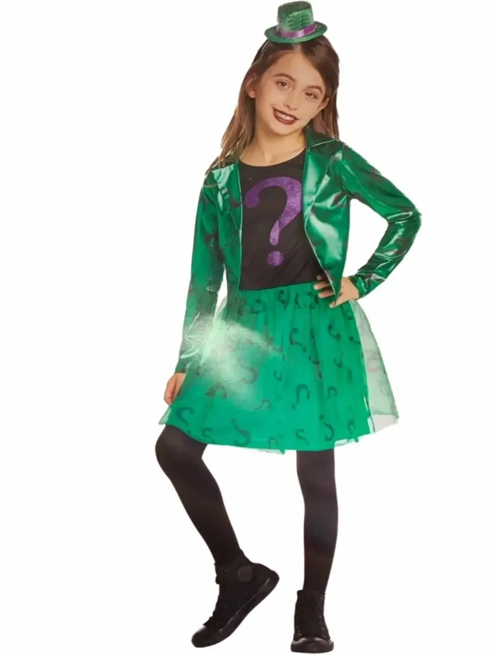 New DC Girls Green & Black Riddler 2 Pc Halloween Dress Costume Size L 10/12